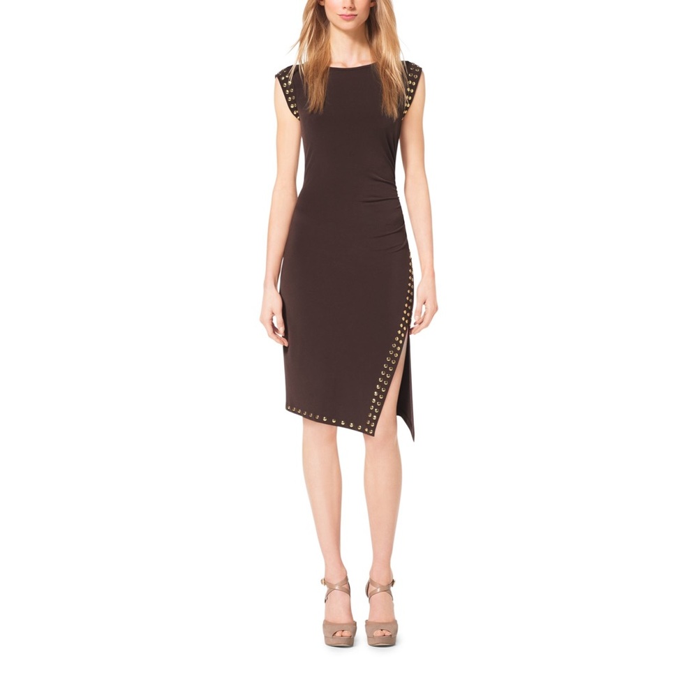 BRAND NEW MICHAEL KORS BROWN JERSEY STUDDED DRESS